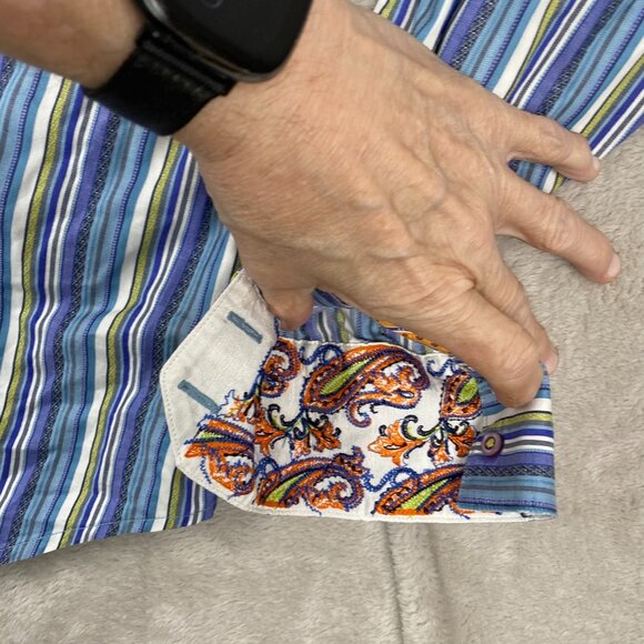 Robert Graham Mens Shirt Large Striped Button-Down With Paisley Cuff Detail - Picture 7 of 9